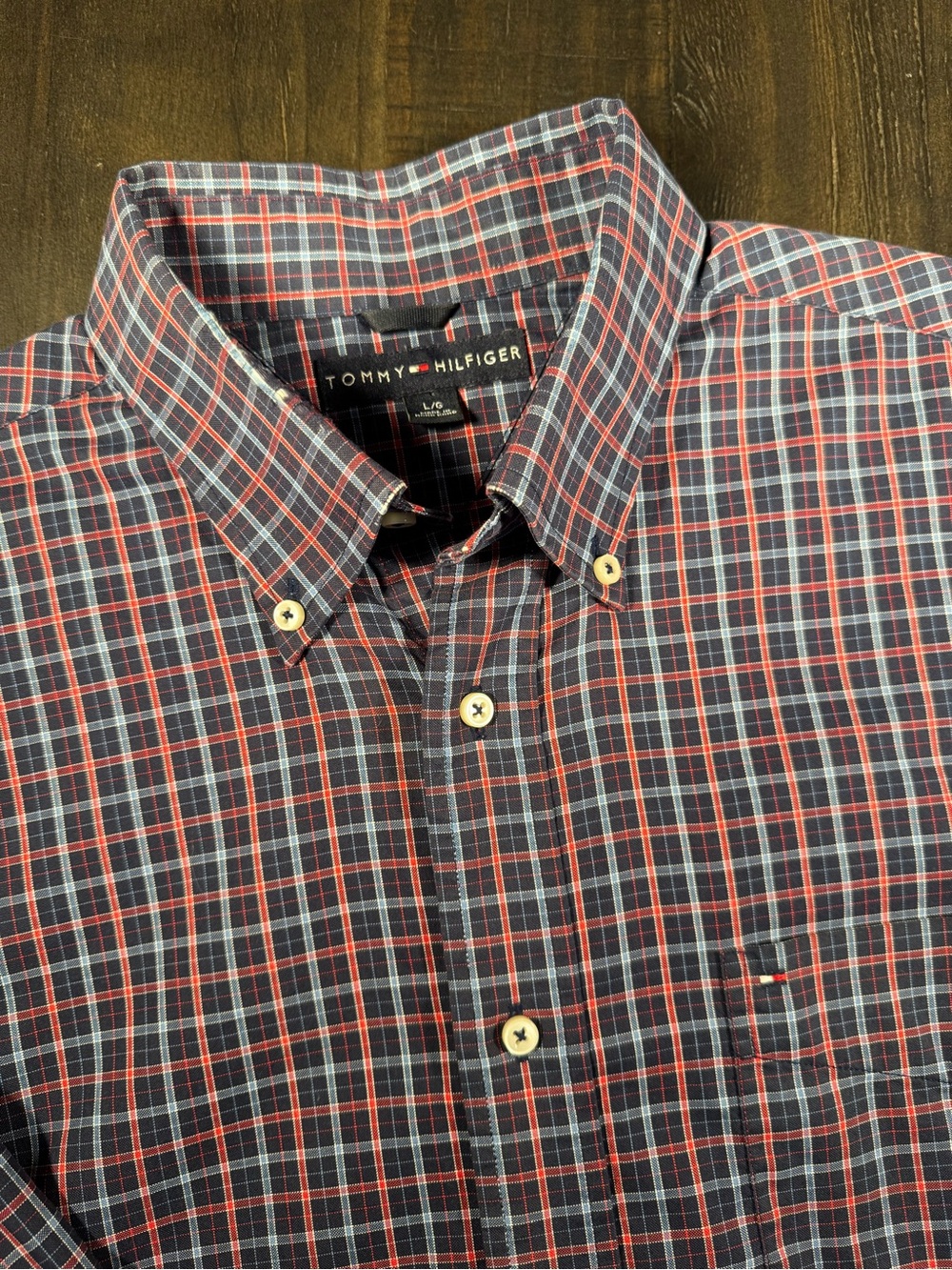 VTG Tommy Hilfiger Men’s Navy & Red Plaid Button-Down Shirt Size L